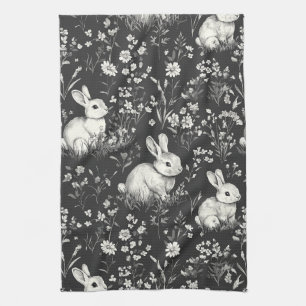 Schwarzes Waldkaninchen-Botanikmuster Geschirrtuch