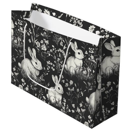 Schwarzes Waldkaninchen-Botanikmuster Große Geschenktüte (Vorderseite Schrägansicht)