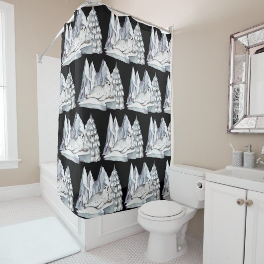 Schwarzes Wasser Winterwunder Siegel Schneeflocken Duschvorhang (Beispiel)