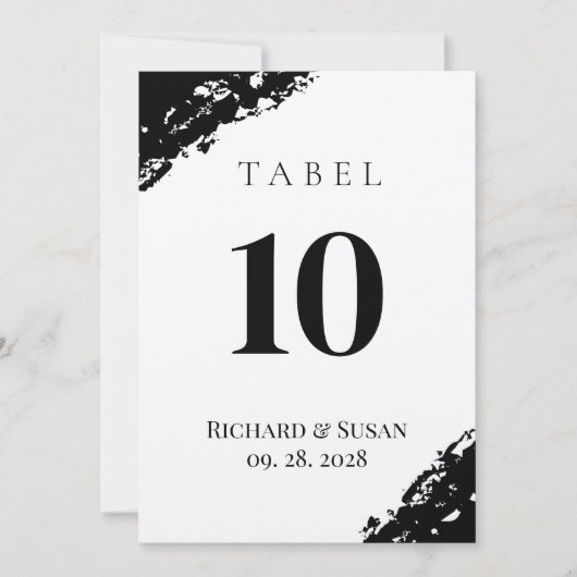 Schwarzes Wasserfarben Hochzeitskarte Tischnummer (Vorderseite)