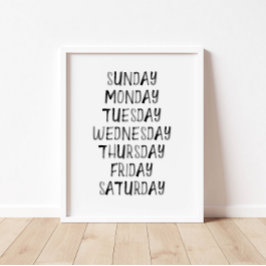 Schwarzes Wasserfarben Tag der Woche Lernen Poster