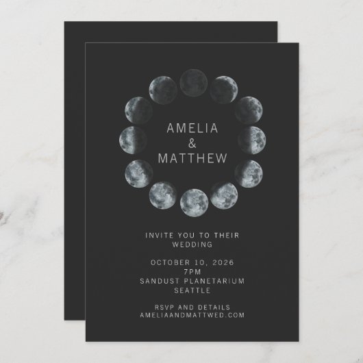 Schwarzes Wasserfarbenmoon Phases Celestial Weddin Einladung (Vorne/Hinten)