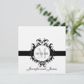 Schwarzes Wedding Leinenmonogramm Save the Date Einladung (Stehend Vorderseite)