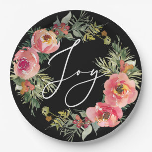 Schwarzes Weihnachten. Elegant Joy Script Floral H Pappteller