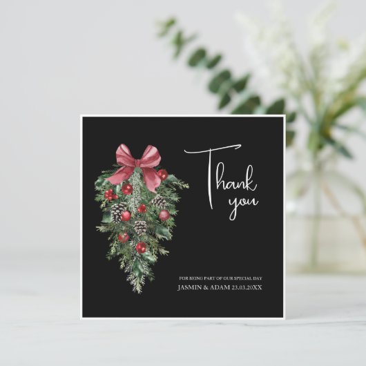 Schwarzes Weihnachts Rotes Grün Winterfest Hochzei Dankeskarte (Stehend Vorderseite)