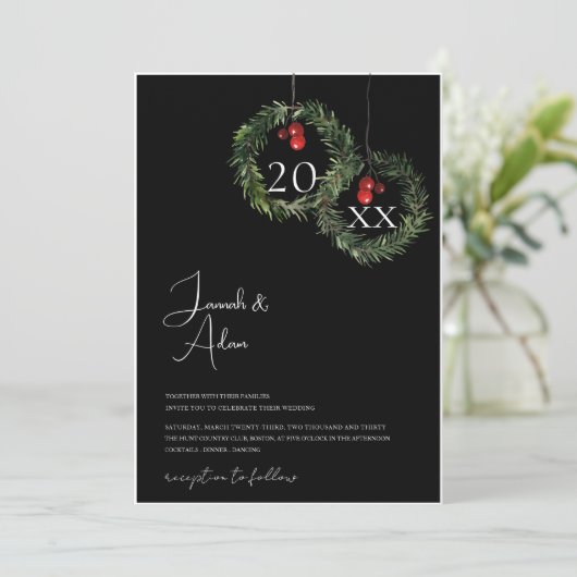 Schwarzes Weihnachts Rotes Grün Winterfest Hochzei Einladung (Stehend Vorderseite)