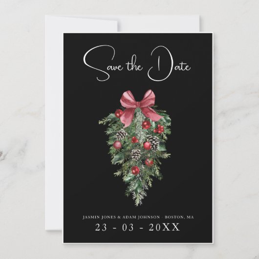 Schwarzes Weihnachts Rotes Grün Winterfest Hochzei Save The Date (Vorderseite)
