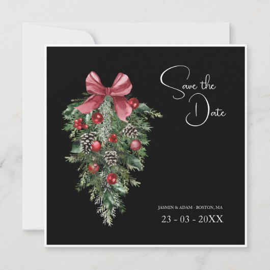 Schwarzes Weihnachts Rotes Grün Winterfest Hochzei Save The Date (Vorderseite)