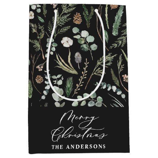 Schwarzes Weihnachtsfest modern minimalbotanisch Mittlere Geschenktüte (Vorderseite)