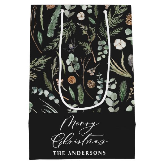 Schwarzes Weihnachtsfest modern minimalbotanisch Mittlere Geschenktüte (Rückseite)