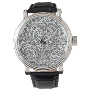 Schwarzes + Weiß - Blume + Paisley-Muster - Uhr