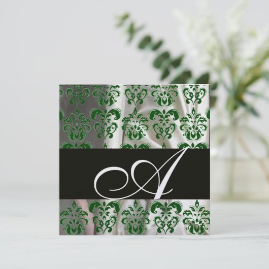 SCHWARZES, WEISS, EIS SILK DAMASK KLOTH MONOGRAMM EINLADUNG (Stehend Vorderseite)