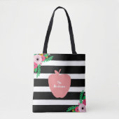 Schwarzes + Weiß Stripes BlumenApple-Lehrer Tasche (Vorderseite)