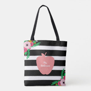 Schwarzes + Weiß Stripes BlumenApple-Lehrer Tasche