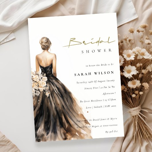 Schwarzes Weiß Wasserfarbe Hochzeitskleid Brautpar Einladung