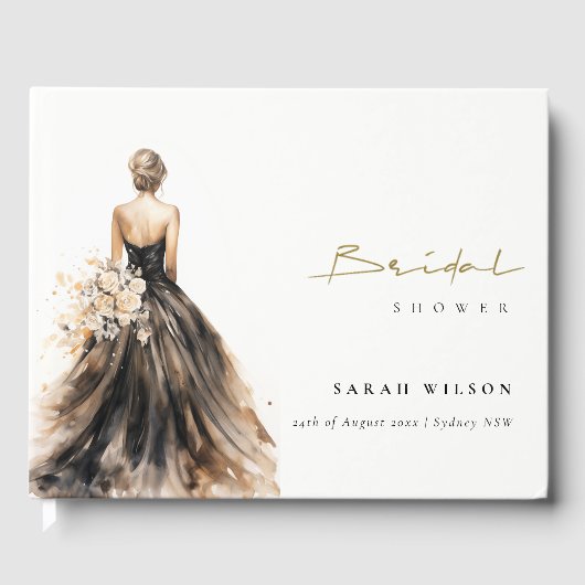 Schwarzes Weiß Wasserfarbe Hochzeitskleid Brautpar Gästebuch (Vorderseite)