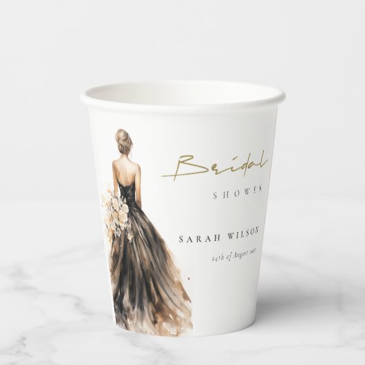 Schwarzes Weiß Wasserfarbe Hochzeitskleid Brautpar Pappbecher (Rückseite)