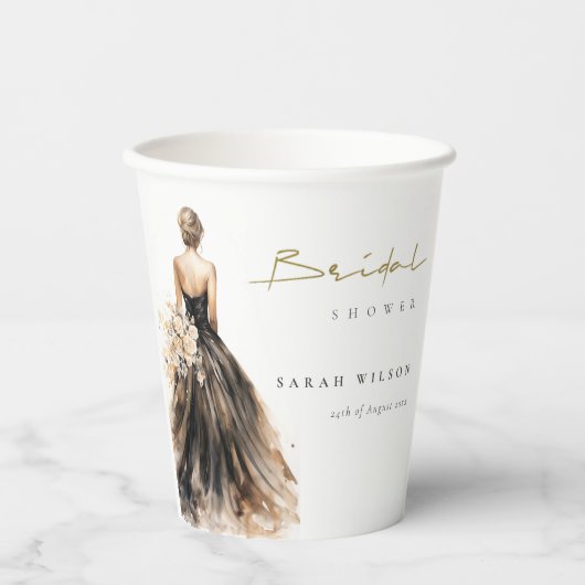 Schwarzes Weiß Wasserfarbe Hochzeitskleid Brautpar Pappbecher (Vorderseite)