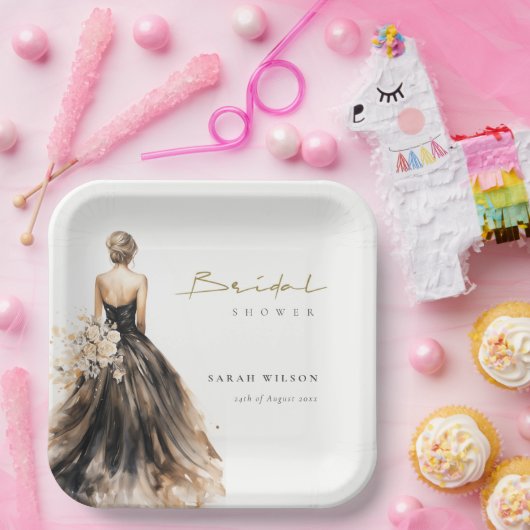 Schwarzes Weiß Wasserfarbe Hochzeitskleid Brautpar Pappteller (Party)