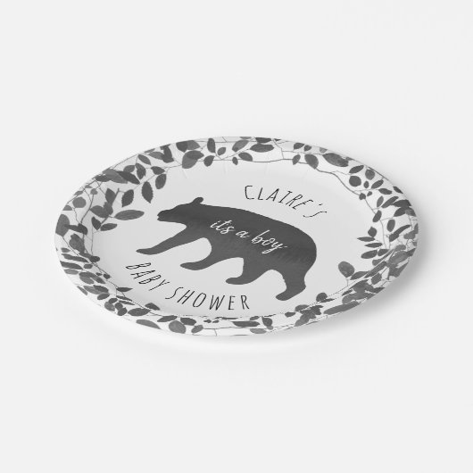 Schwarzes + Weiße Bärenjungs-Laub-Babyparty Pappteller (Schrägansicht)