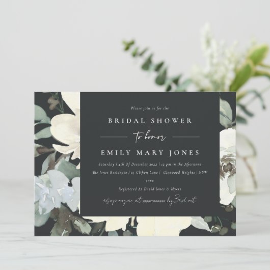 SCHWARZES, WEISSES, BLUMENFARBENES BRAUTPARTY EINLADUNG (Stehend Vorderseite)