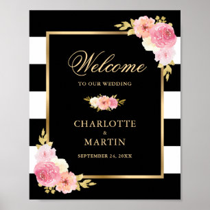 Schwarzes weißes goldenes rosa florales Hochzeits- Poster