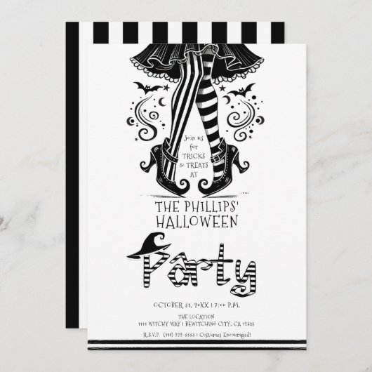 Schwarzes & Weißes Halloween-Party Einladung (Vorne/Hinten)