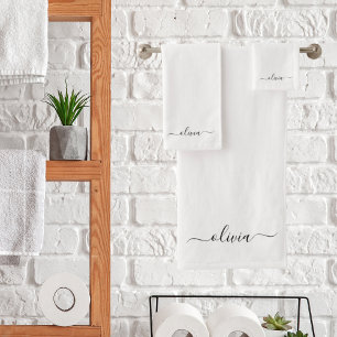 Schwarzes weißes modernes Skript Mädchen-Monogramm Badhandtuch Set