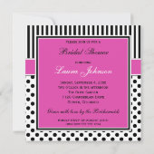 Schwarzes, weißes Polka-Dot-Stripe-Brautparty lade Einladung (Rückseite)