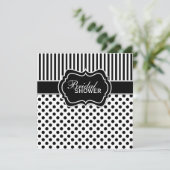 Schwarzes, weißes Polka-Punkt-Streifen-Brautparty Einladung (Stehend Vorderseite)