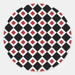 Schwarzes, weißes, rotes Diamant-Muster Runder Aufkleber