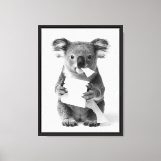 Schwarzes Weißes Süßes Koala mit Toilettenpapier Leinwanddruck