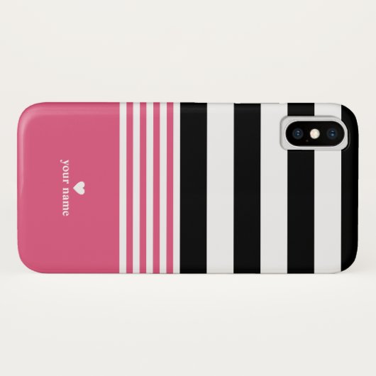 Schwarzes, weißes u. heißes Rosa-gestreiftes Case-Mate iPhone Hülle (Rückseite (Horizontal))