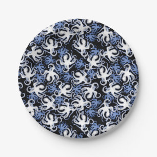 Schwarzes, weißes und blaues nahtloses Oktopus-Mus Pappteller