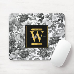 Schwarzes, weißes und goldenes vintage Blumenmonog Mousepad