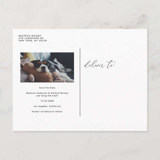 Schwarzes Whimsisches Skript Save the Date Verlobt Ankündigungspostkarte (Rückseite)