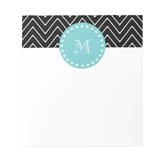 Schwarzes Zickzack Muster | Aquamarin Monogramm Notizblock (Vorderseite)