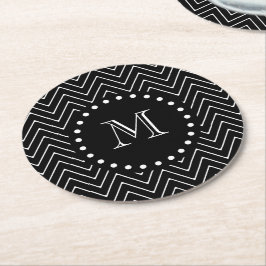 Schwarzes Zickzack schwarzes Monogramm des Runder Pappuntersetzer