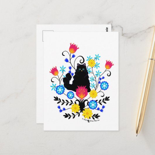 Schwarzflaume Katze mit Blume Postkarte (Vorderseite/Rückseite Beispiel)