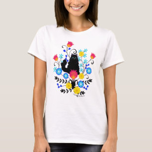 Schwarzflaume Katze mit Blume T-Shirt
