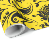 Schwarzflorale Damasken auf Gelb Geschenkpapier (Rolleneckpunkt)