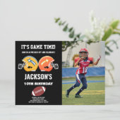 Schwarzgelborange Foto Fußball Geburtstag Einladung (Stehend Vorderseite)