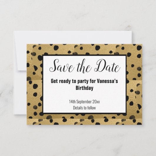 SCHWARZGOLD-LEOPARDRUCKER SAVE THE DATE ANKÜNDIGUNG (Vorderseite)