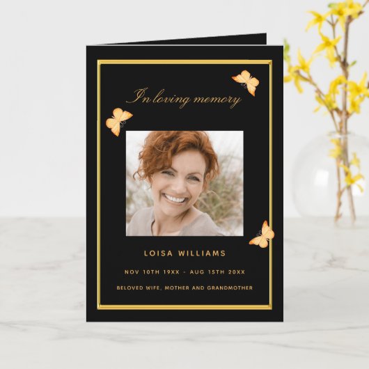 Schwarzgold Schmetterlinge Foto Beerdigung Program Karte (Gelbe Blume)