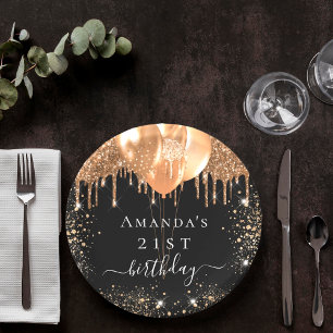 Schwarzgoldballons der Geburtstagspartei - Name de Pappteller