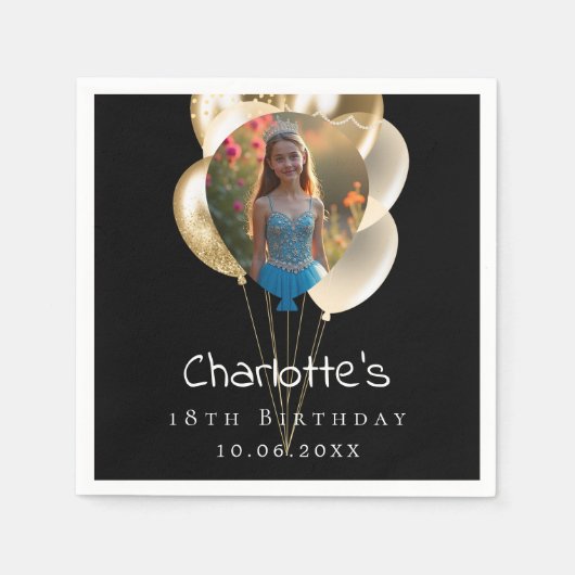 Schwarzgoldballons zum Geburtstag - Foto Serviette (Vorderseite)