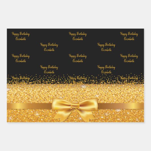 Schwarzgoldener Glitzer-Funkelmonogramm-Name Geschenkpapier Set (Vorderseite)