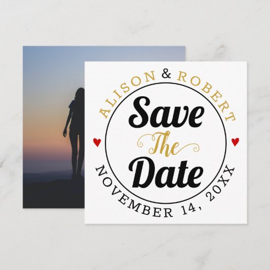 Schwarzgoldtypografie Rote Herzen Foto auf der Rüc Save The Date (Vorne/Hinten)