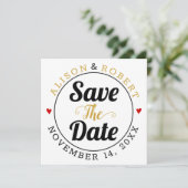 Schwarzgoldtypografie Rote Herzen Foto auf der Rüc Save The Date (Stehend Vorderseite)