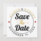 Schwarzgoldtypografie Rote Herzen Foto auf der Rüc Save The Date (Vorderseite)